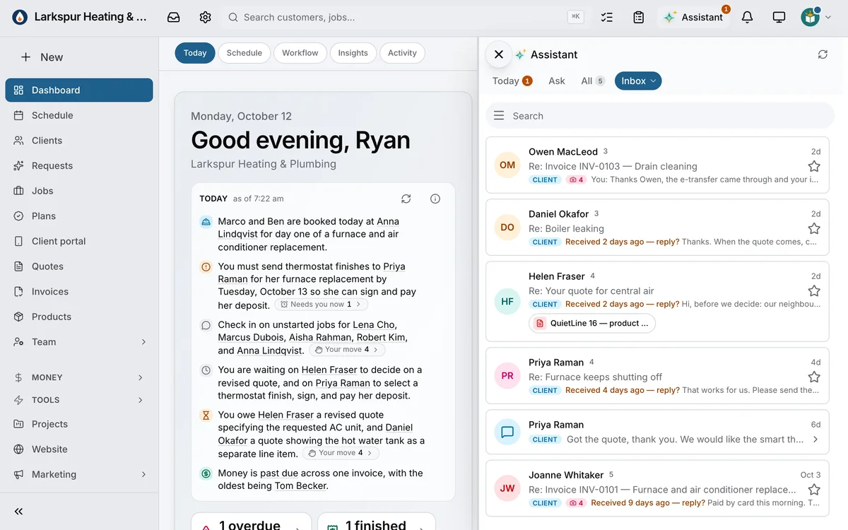 The Assistant’s Inbox tab, every conversation marked as a client’s: Owen MacLeod, Helen Fraser, Daniel Okafor and Priya Raman.