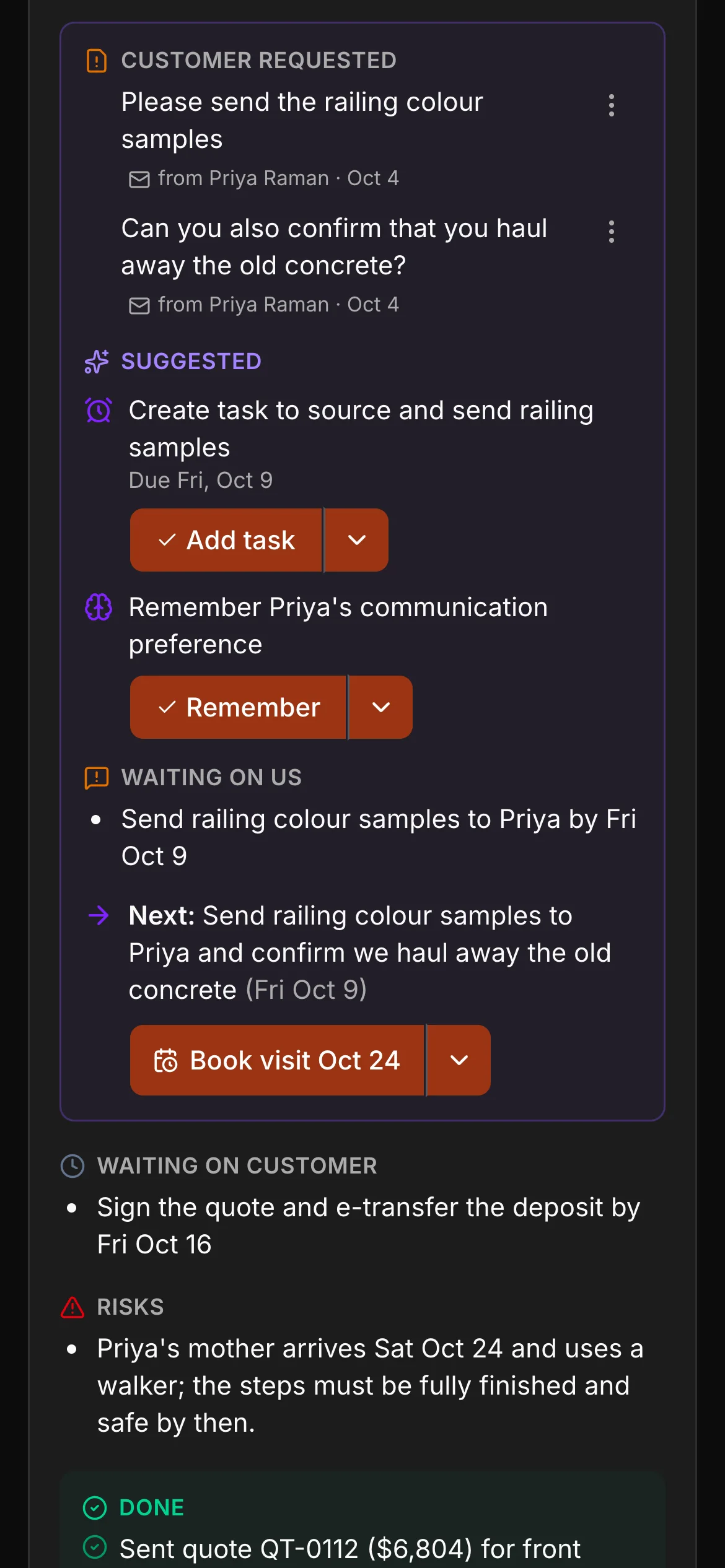 What the customer requested, in the brief on a phone: the railing colour samples, and whether the old concrete is hauled away — each from Priya Raman’s email.