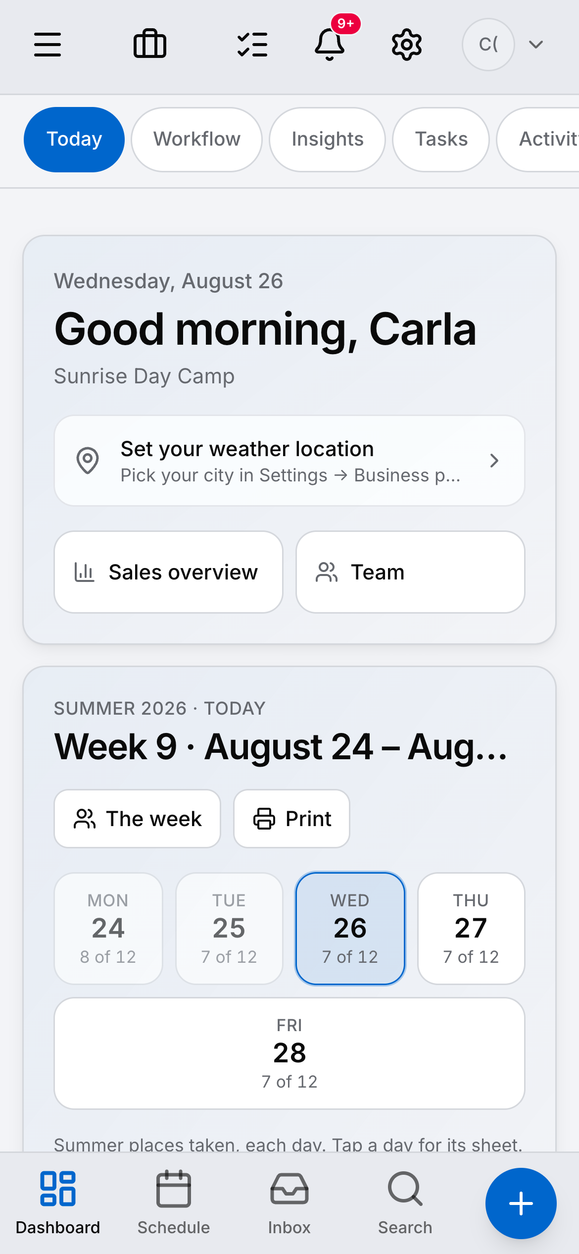 The morning dashboard at a day camp on a phone in light mode.