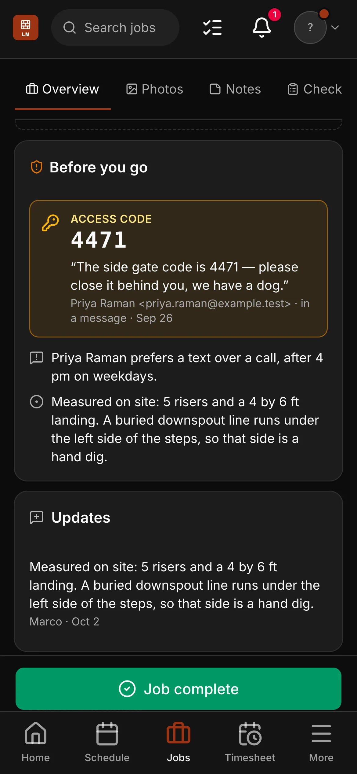 The crew app’s “Before you go” on Priya’s front steps: the gate code pinned large, then the facts a crew can use — “Priya Raman prefers a text over a call, after 4 pm on weekdays” and “Measured on site: 5 risers and a 4 by 6 ft landing. A buried downspout line runs under the left side of the steps, so that side is a hand dig”.
