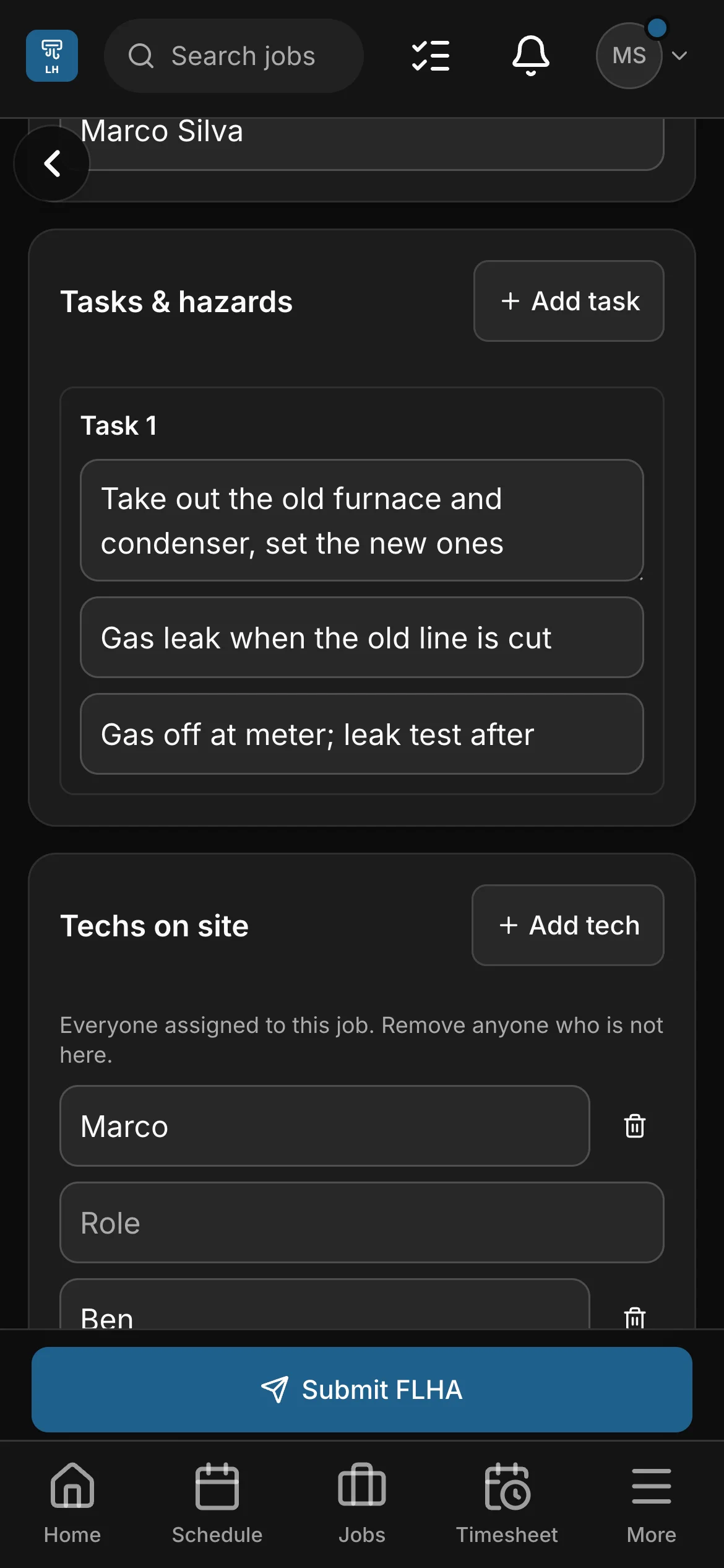 An FLHA on Marco’s phone for the furnace and air conditioner job, “Take out the old furnace and condenser, set the new ones”: the task with its hazard and its control.