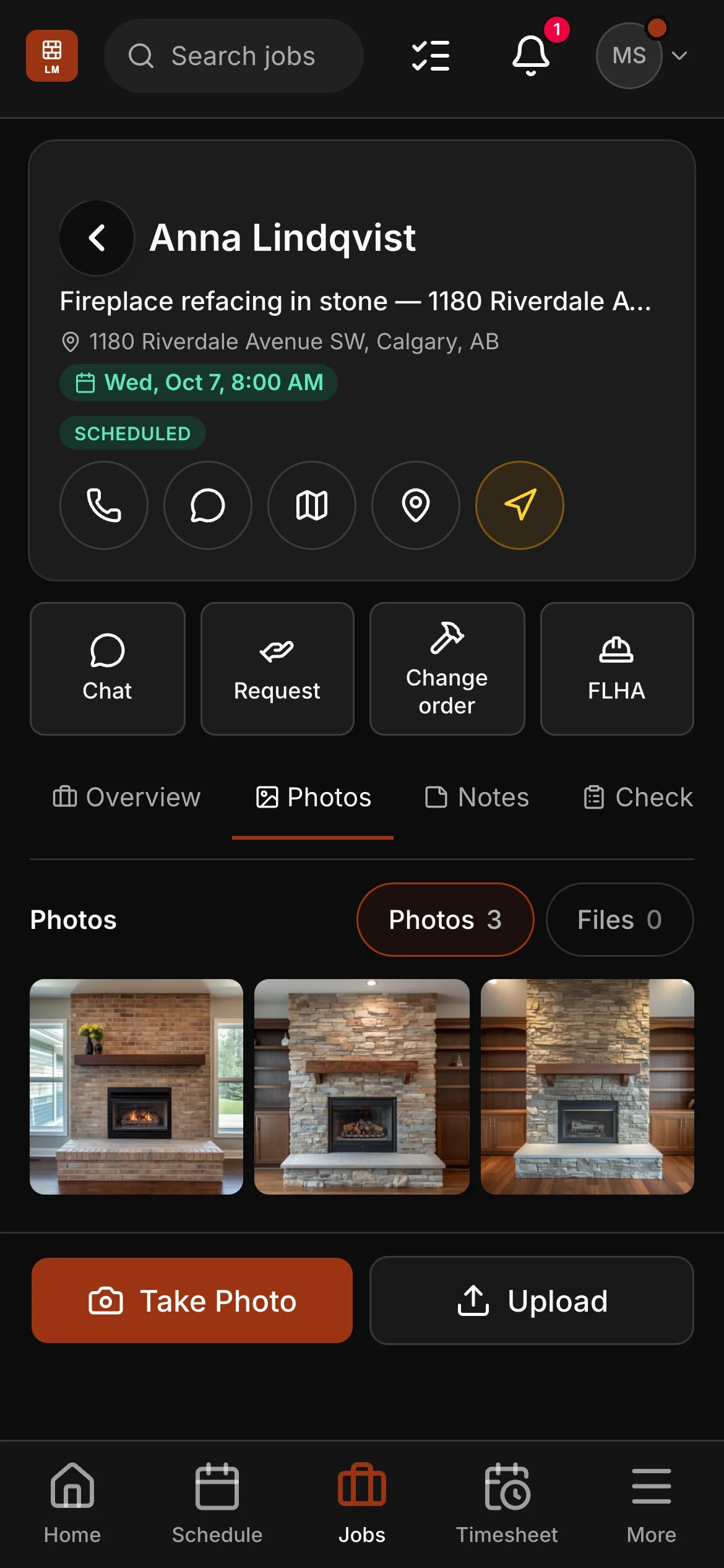 Anna Lindqvist’s fireplace job in the crew app, on its Photos tab: Chat, Request, Change order and FLHA.