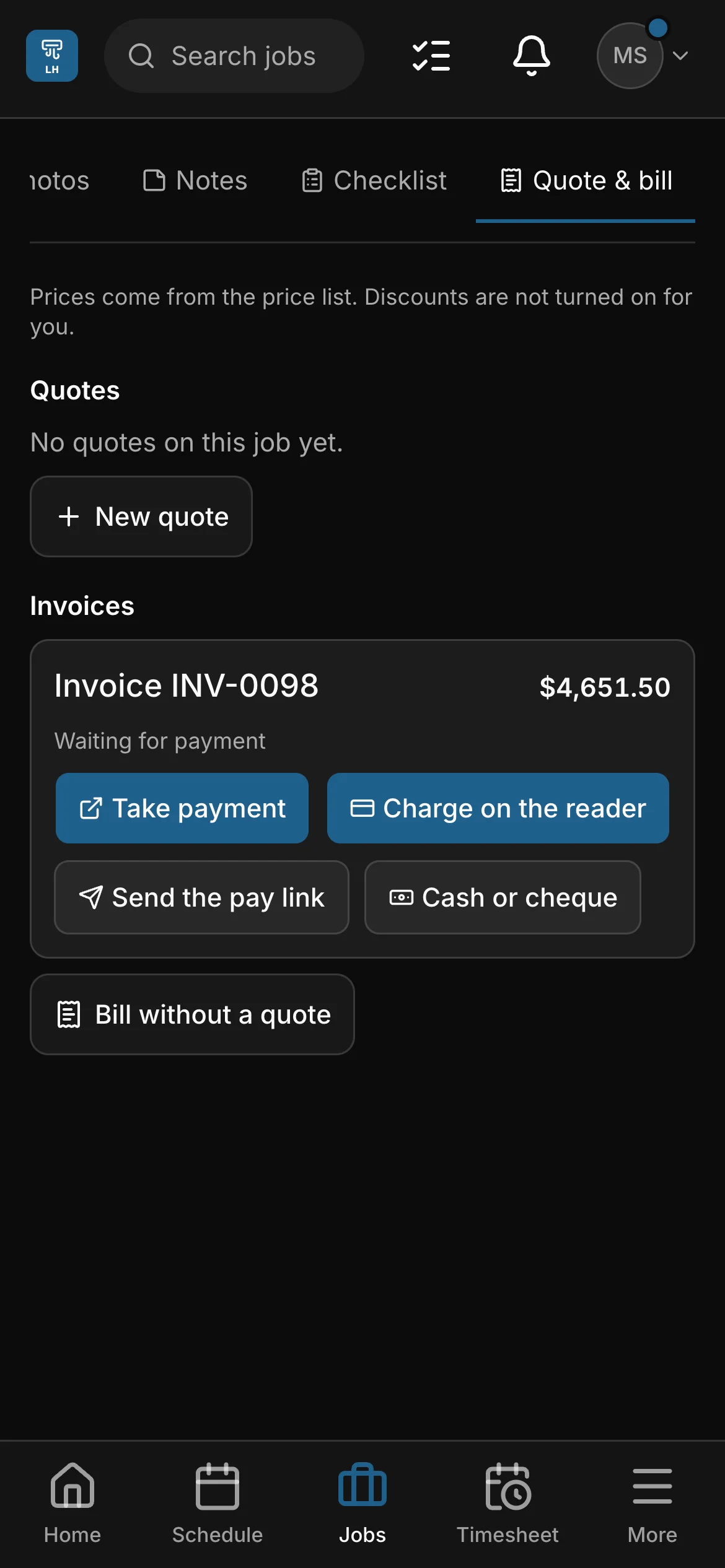 Quote & bill in the crew app, Marco on the water heater job: Invoice INV-0098 for $4,651.50, with Take payment, Charge on the reader, Send the pay link and Cash or cheque.