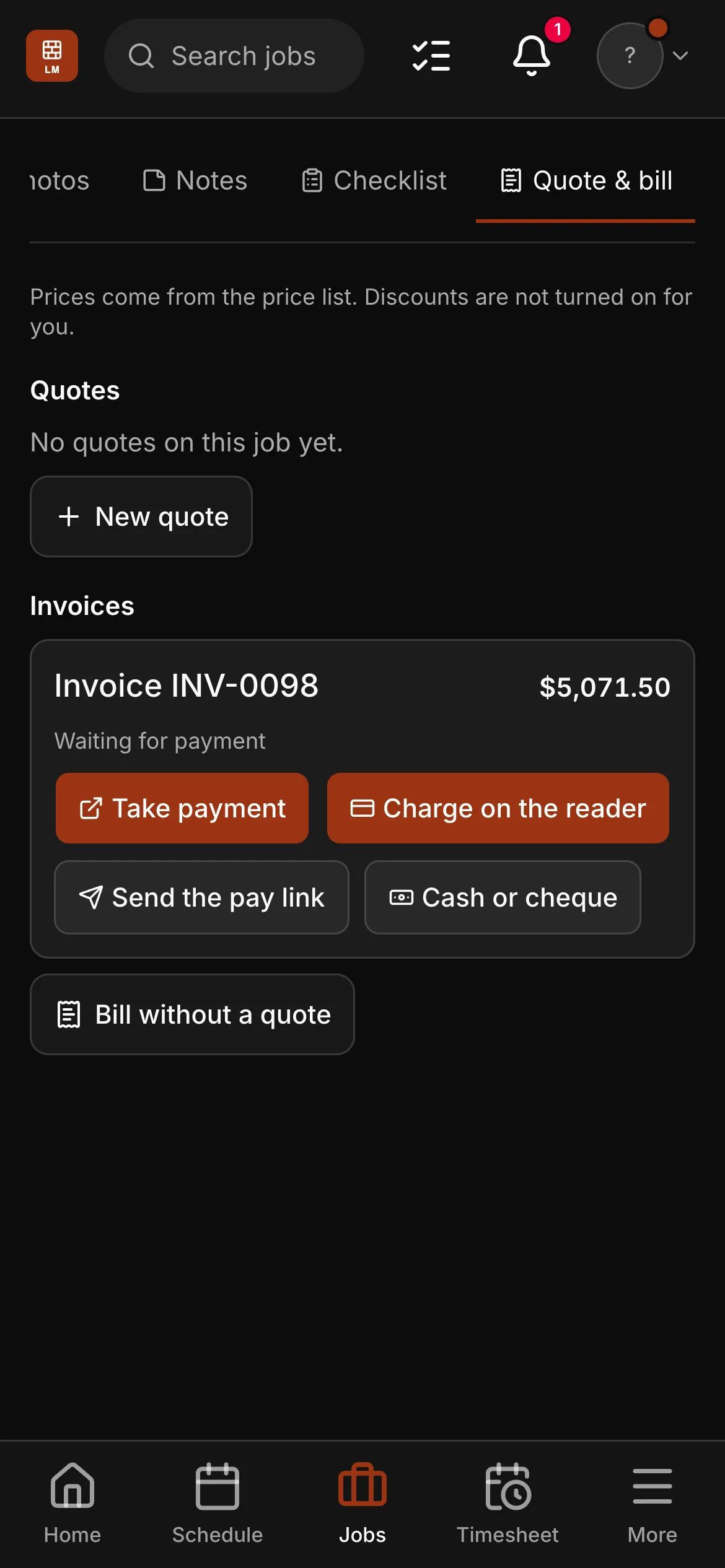 Quote & bill in the crew app, Marco on the repointing job: Invoice INV-0098 for $5,071.50, with Take payment, Charge on the reader, Send the pay link and Cash or cheque.