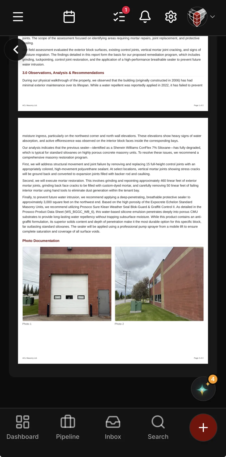 An inspection report as its PDF: the observations and the recommended repairs to a block building, then Photo Documentation — two photos of the building, captioned Photo 1 and Photo 2.
