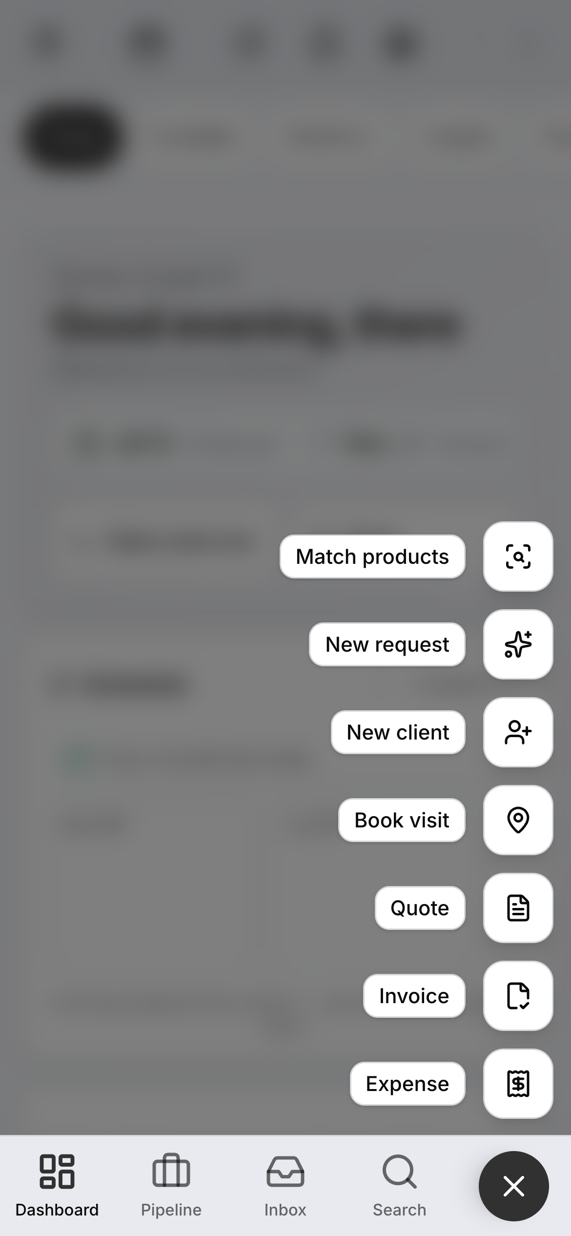 The Daybook create button open on a phone: match products, new request, new client, book visit, quote, invoice, expense.