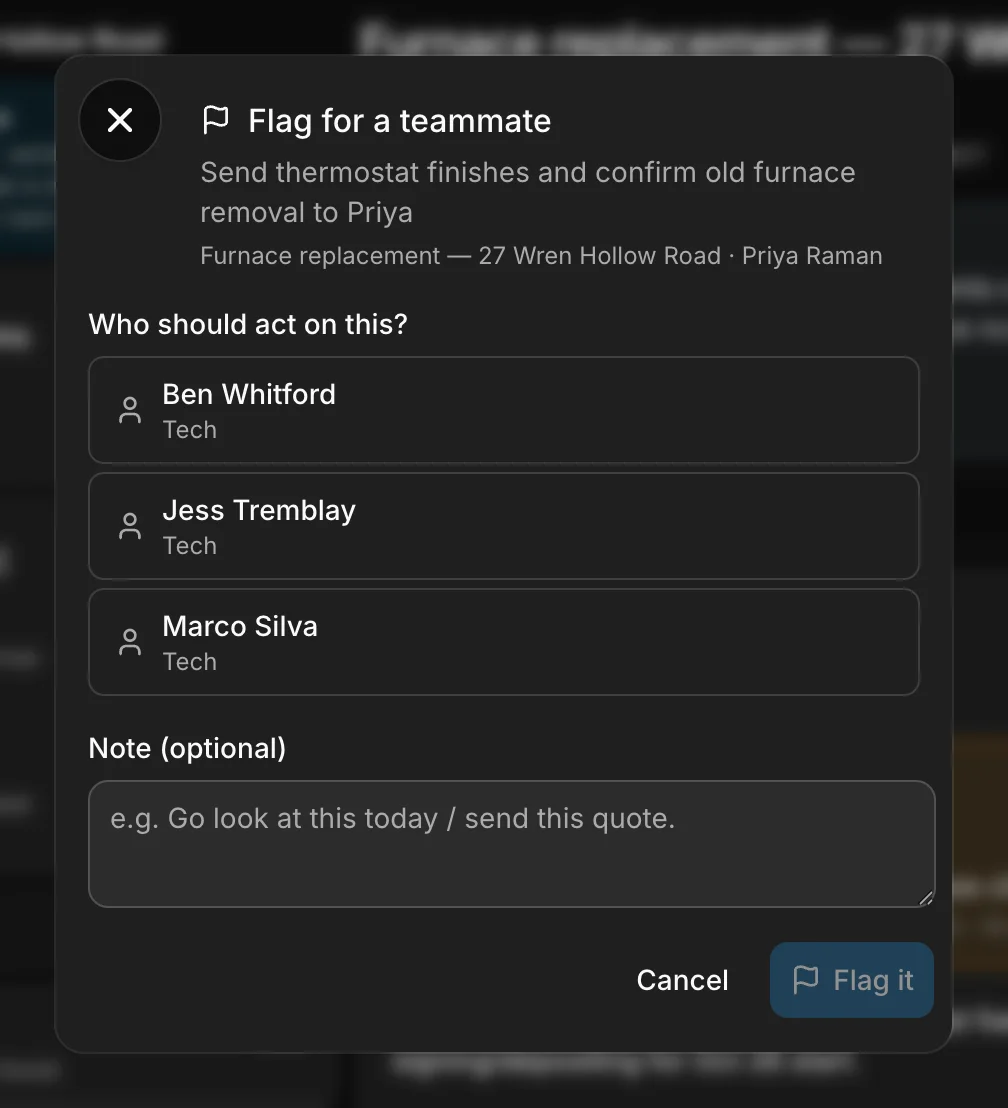 A line of a job’s brief flagged for a teammate: “Flag for a teammate” — “Who should act on this?”, “Ben Whitford”, “Jess Tremblay” and “Marco Silva”.