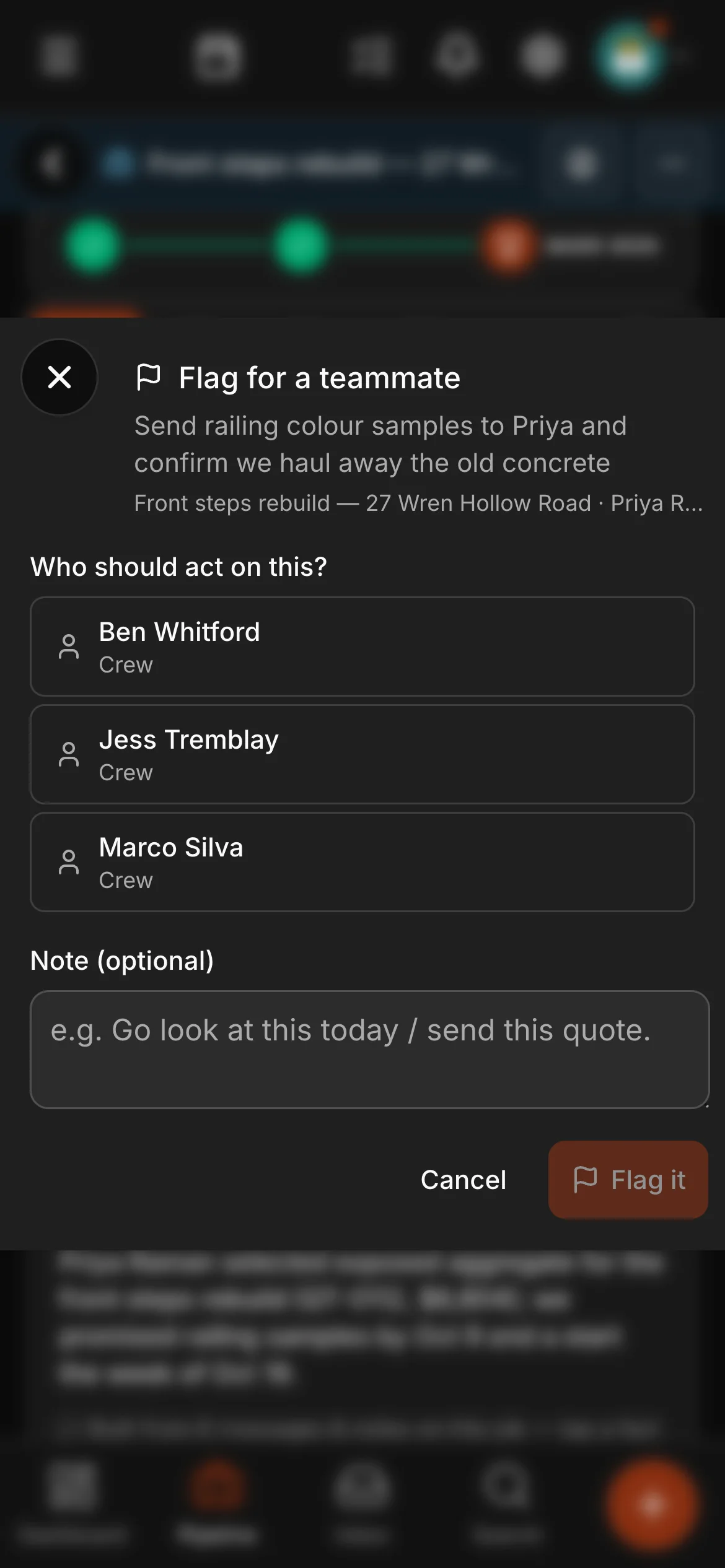 A line of a job’s brief flagged for a teammate: “Flag for a teammate” — “Who should act on this?”, “Ben Whitford”, “Jess Tremblay” and “Marco Silva”.