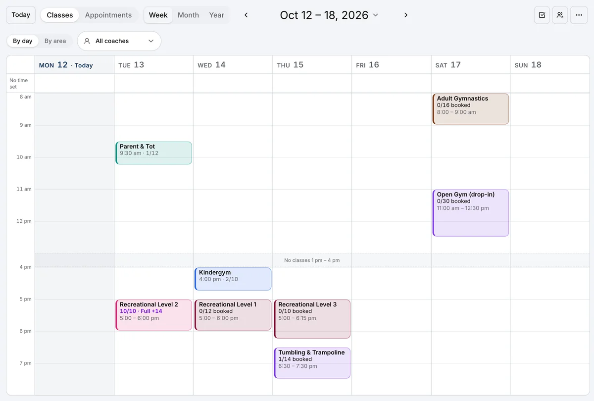 A week of the club’s classes in Daybook: Parent & Tot, Recreational Level 2, Kindergym, Recreational Level 1, Recreational Level 3, Tumbling & Trampoline, Adult Gymnastics and Open Gym (drop-in), each with how many are booked — Recreational Level 2 full, with families waiting.