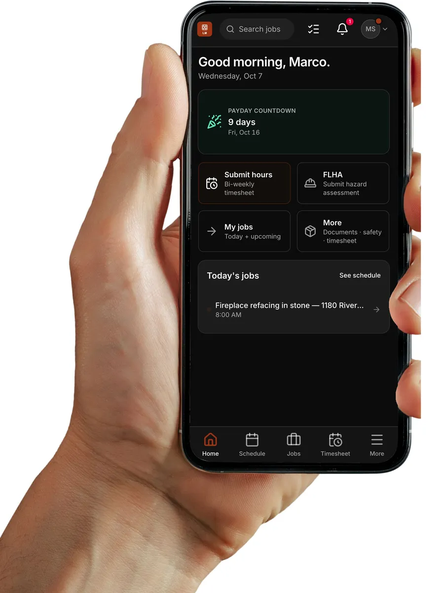 A hand holding a phone with a crew member’s day in Daybook: good morning, payday in nine days, submit hours, the safety form, my jobs and today’s jobs.