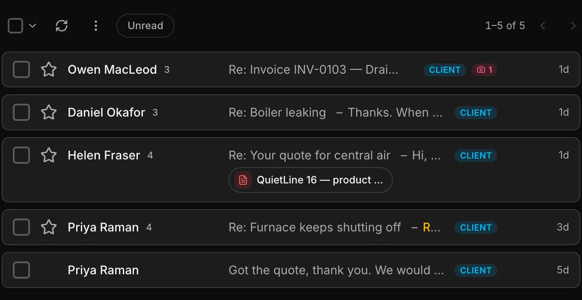 The inbox in Daybook, every conversation marked as a client’s: Owen MacLeod, Helen Fraser, Daniel Okafor and Priya Raman.