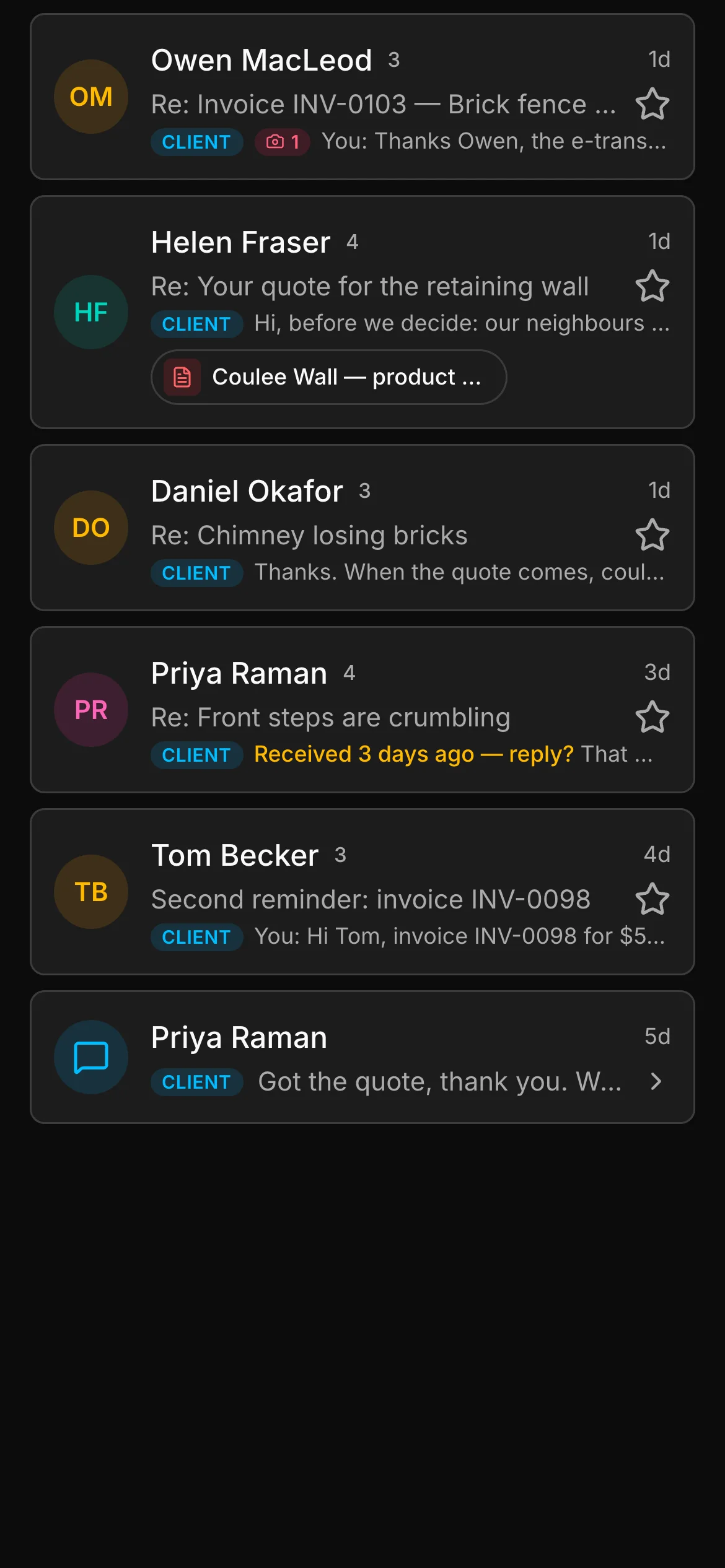 The inbox in Daybook, every conversation marked as a client’s: Owen MacLeod, Helen Fraser, Daniel Okafor, Priya Raman and Tom Becker.
