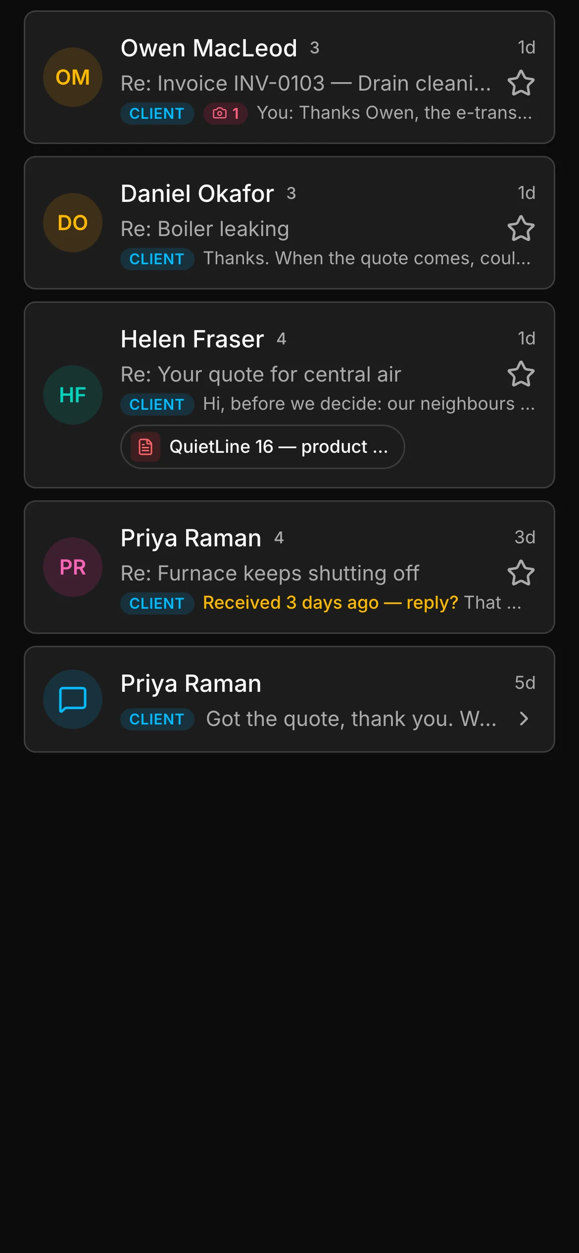 The inbox in Daybook, every conversation marked as a client’s: Owen MacLeod, Helen Fraser, Daniel Okafor and Priya Raman.
