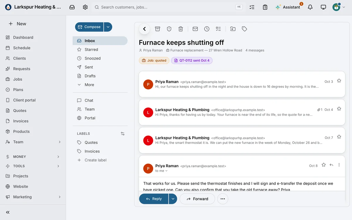 An email conversation on its job: “Furnace keeps shutting off”, between Priya Raman, down to the Reply bar.