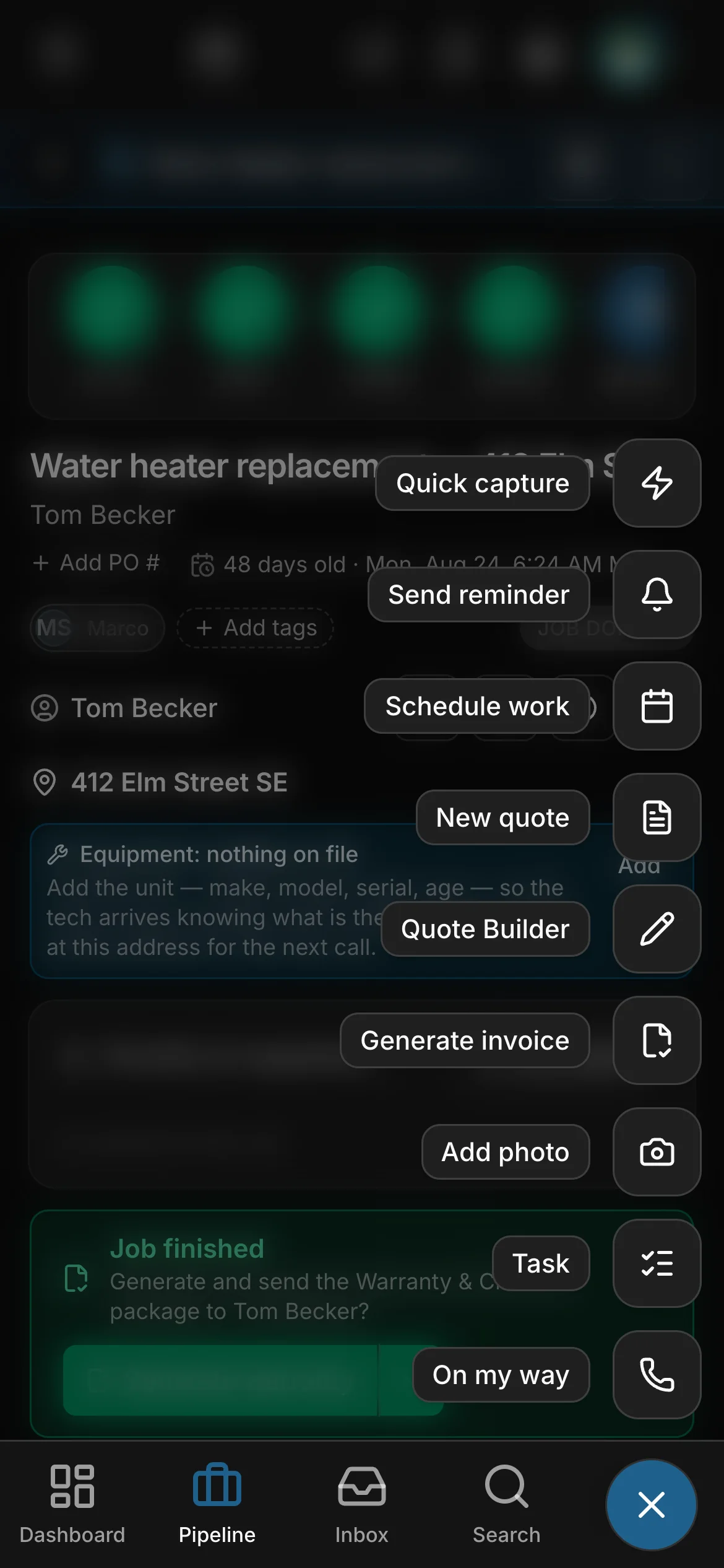 The create button open on a job’s page: “Quick capture”, “Send reminder”, “Schedule work”, “New quote”, “Quote Builder”, “Generate invoice”, “Add photo”, “Task” and “On my way”.