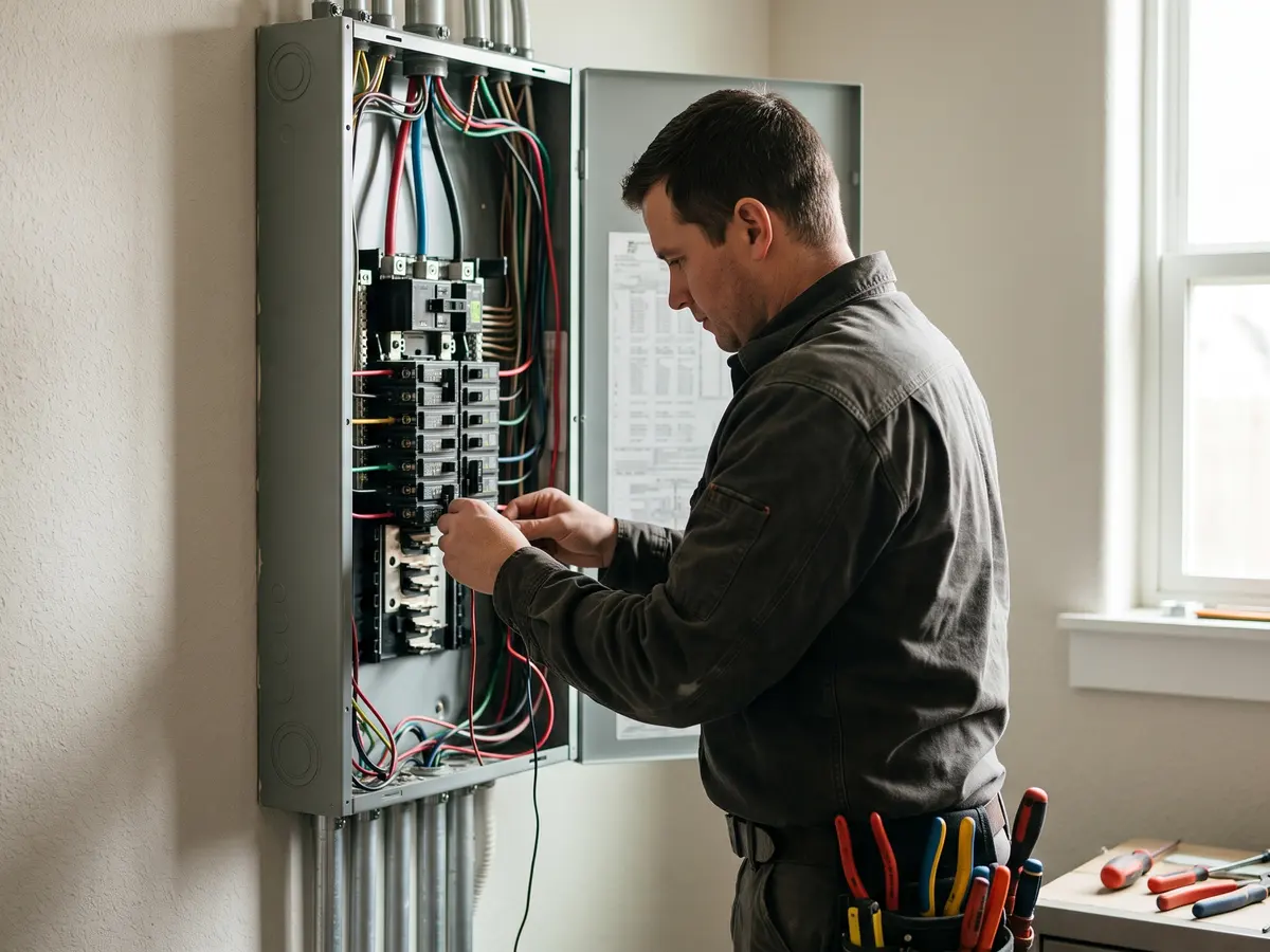 An electrician at an open breaker panel in a bright room, working a breaker by hand, his tool belt full of screwdrivers.