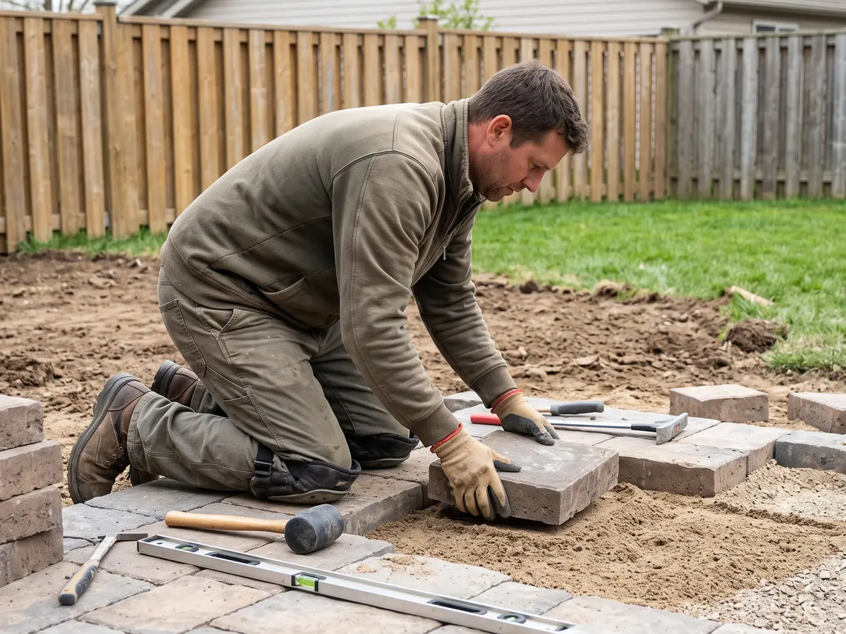 A landscaper kneeling on the bedding sand of a new backyard patio, setting a paver by hand, a rubber mallet and a level beside him.