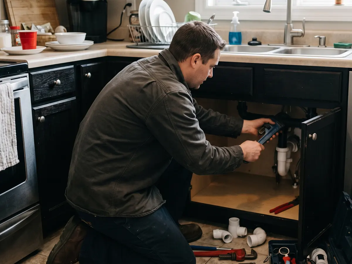 A plumber kneeling at an open kitchen sink cabinet, a pipe wrench on the trap, fittings and his tool case on the floor.