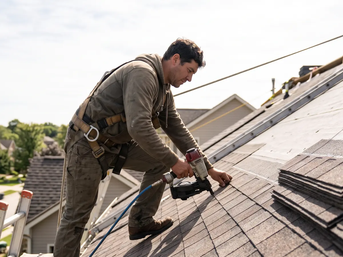 A roofer in a fall-arrest harness nailing architectural shingles on a sloped roof, bundles stacked beside him, houses below.