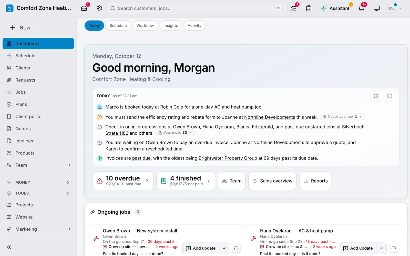 A heating and cooling company’s dashboard, the greeting and its list for today: Good morning, Morgan, Today, 10 overdue and 4 finished.