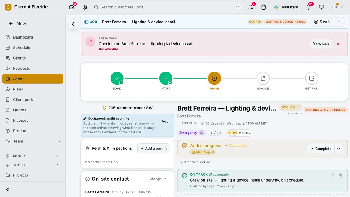 An electrician’s job page, its steps across the top: Book, Start, Finish, Invoice and Get paid.