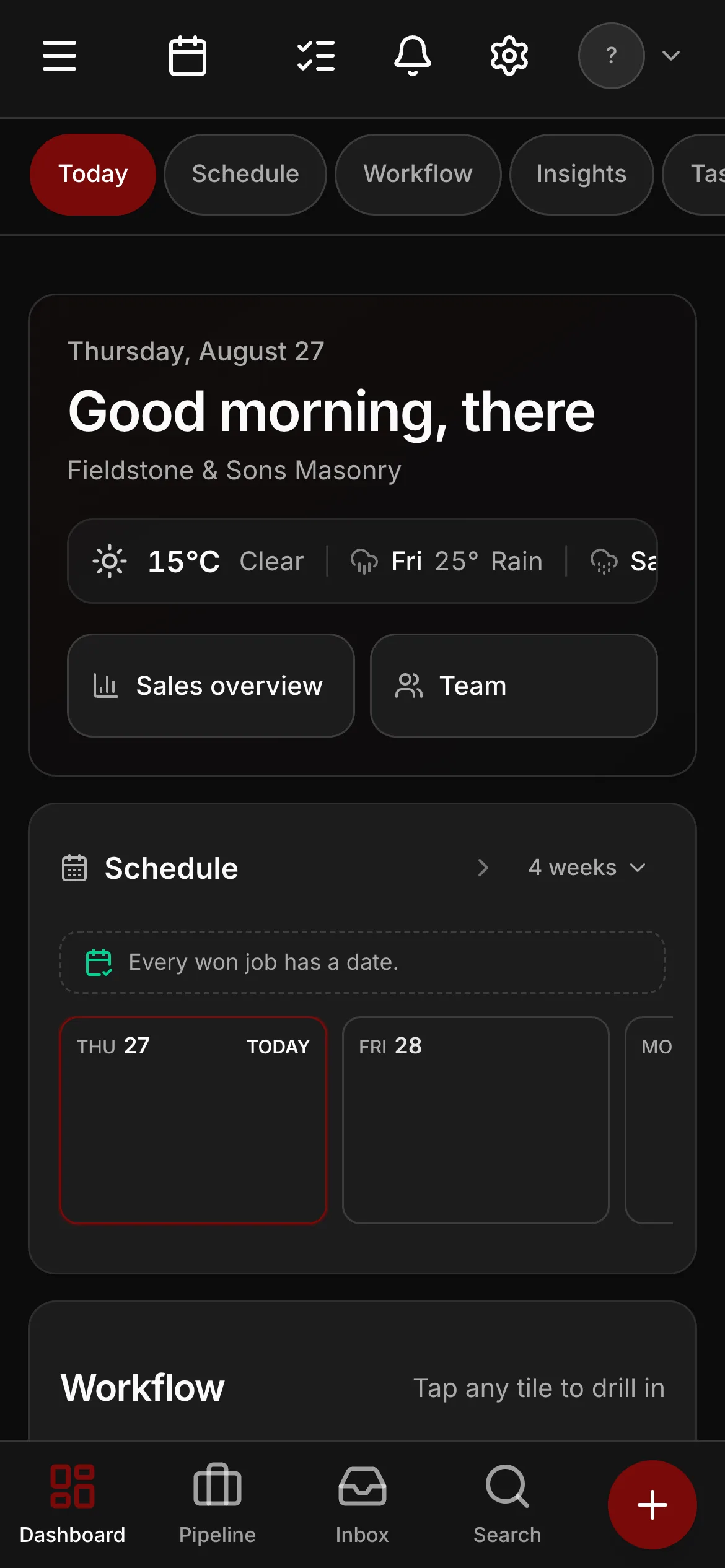 The morning dashboard on a phone in dark mode.