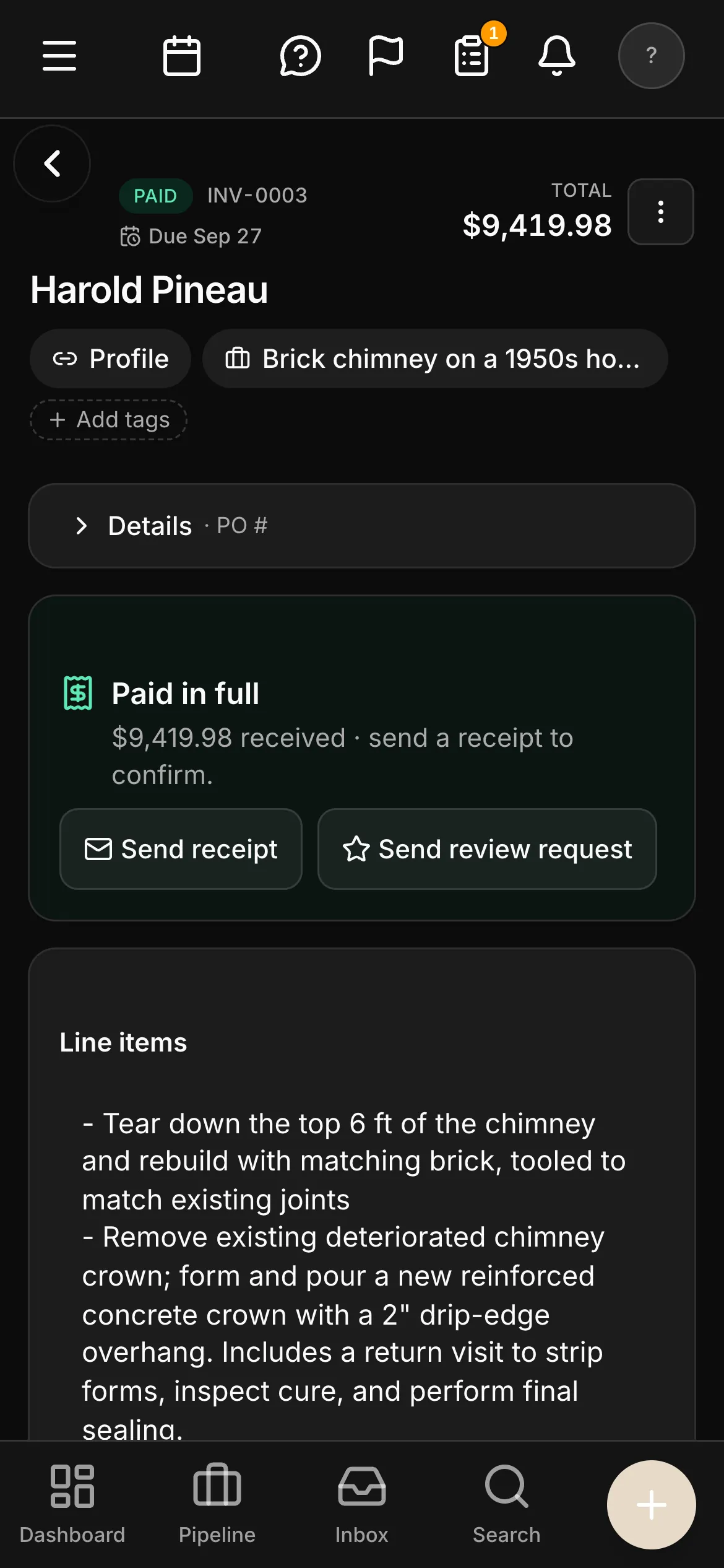A paid invoice on a phone in dark mode: INV-0003 marked PAID, $9,419.98, “Paid in full — $9,419.98 received”, with Send receipt beside it.