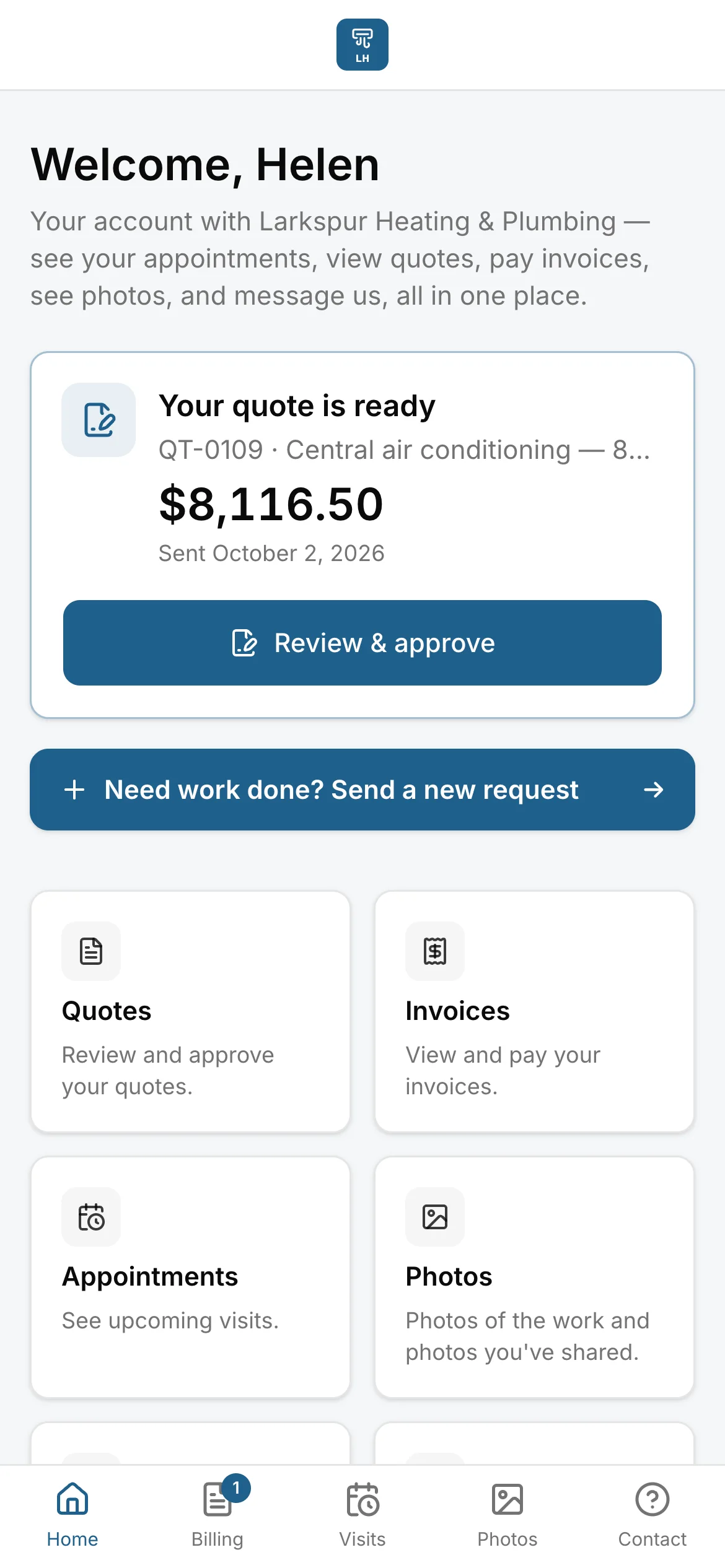 Helen Fraser’s own page, opened from her link: Your quote is ready, Review & approve, Quotes, Invoices and Appointments.