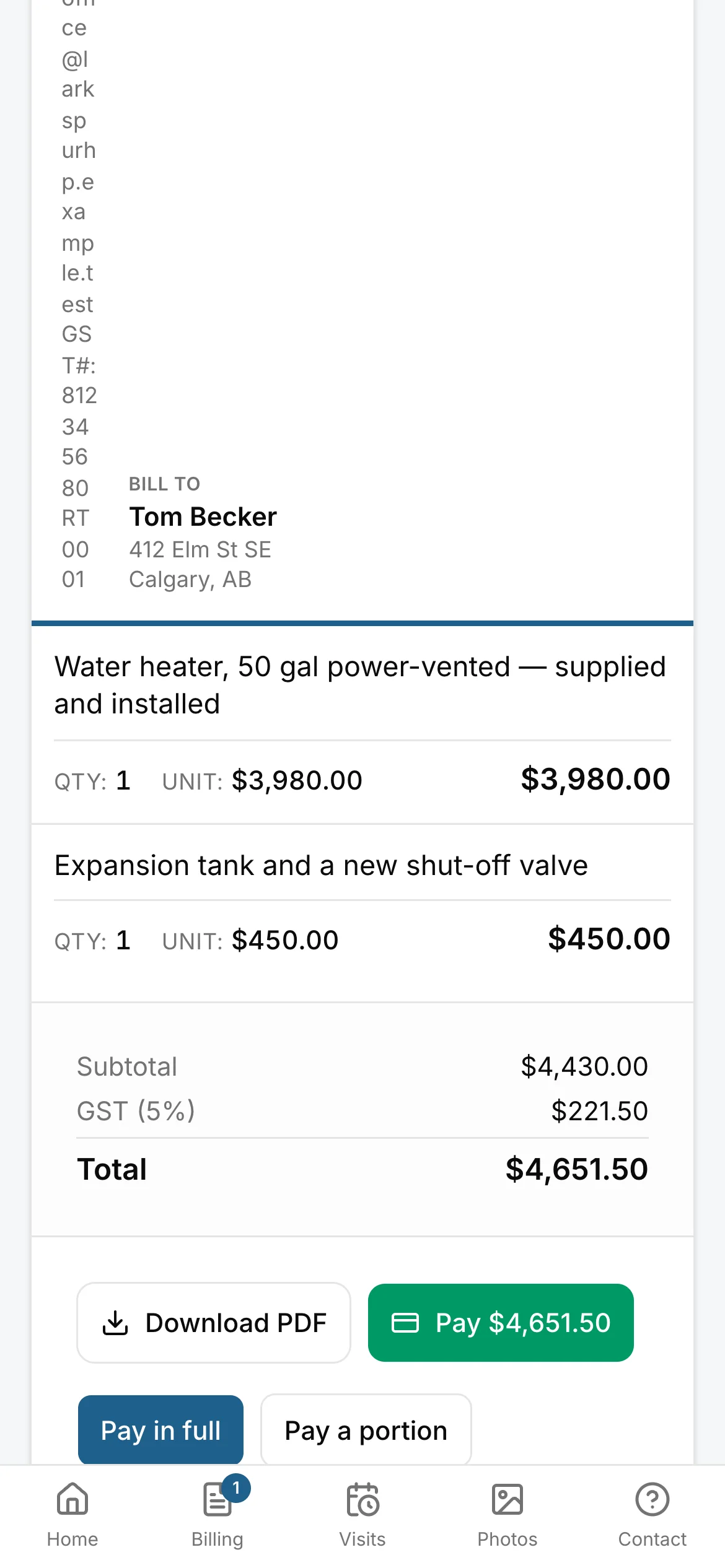A client’s own invoice on their page: down to “Pay $4,651.50”.
