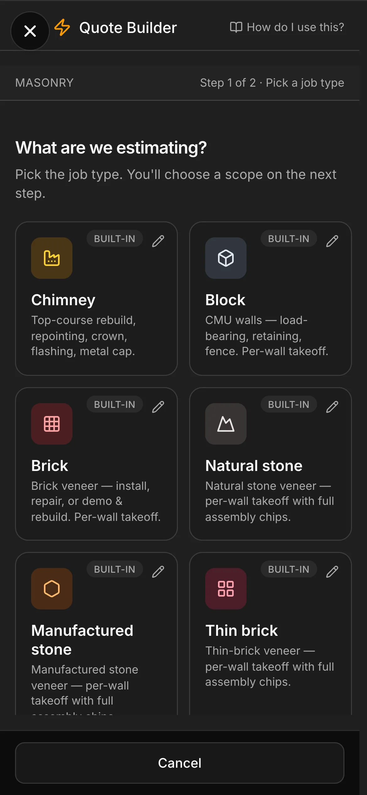 The Quote Builder asking what the job is: Chimney, Block, Brick, Natural stone, Manufactured stone and Thin brick.