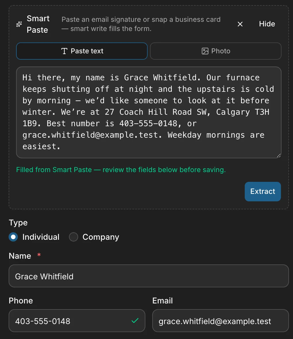 Smart Paste on a new request, an enquiry from Grace Whitfield pasted in: “Filled from Smart Paste — review the fields below before saving”.