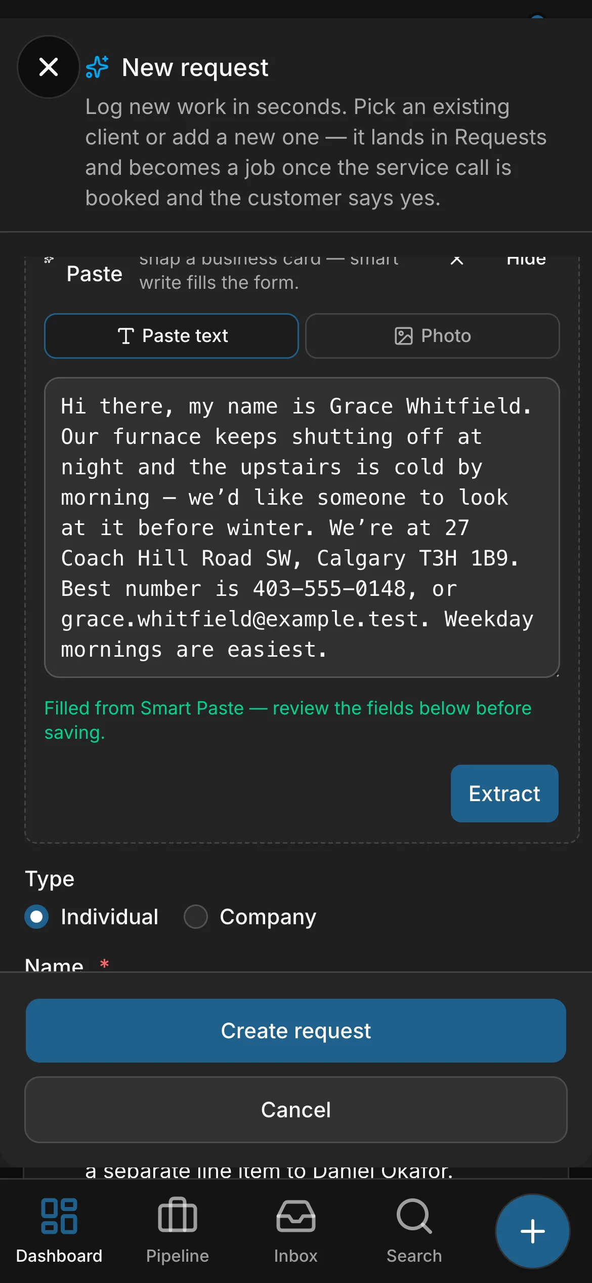 Smart Paste on a new request, an enquiry from Grace Whitfield pasted in: “Filled from Smart Paste — review the fields below before saving”.